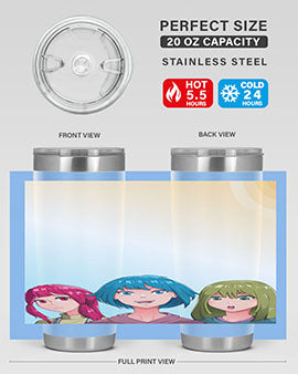 Happy Three Friend 20# Anime Tumbler featuring vibrant anime characters, double wall vacuum stainless steel design, and a convenient drink-thru lid.