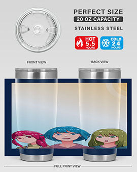 Happy Three Friend 20# Anime Tumbler featuring vibrant anime characters, double wall vacuum stainless steel design, and a convenient drink-thru lid.