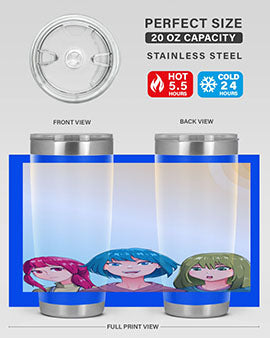 Happy Three Friend 20# Anime Tumbler featuring vibrant anime characters, double wall vacuum stainless steel design, and a convenient drink-thru lid.