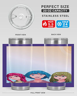 Happy Three Friend 20# Anime Tumbler featuring vibrant anime characters, double wall vacuum stainless steel design, and a convenient drink-thru lid.