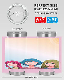 Happy Three Friend 20# Anime Tumbler featuring vibrant anime characters, double wall vacuum stainless steel design, and a convenient drink-thru lid.
