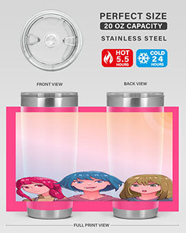 Happy Three Friend 20# Anime Tumbler featuring vibrant anime characters, double wall vacuum stainless steel design, and a convenient drink-thru lid.