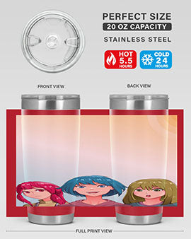 Happy Three Friend 20# Anime Tumbler featuring vibrant anime characters, double wall vacuum stainless steel design, and a convenient drink-thru lid.