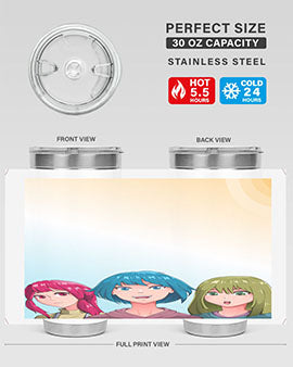 Happy Three Friend 20# Anime Tumbler featuring vibrant anime characters, double wall vacuum stainless steel design, and a convenient drink-thru lid.