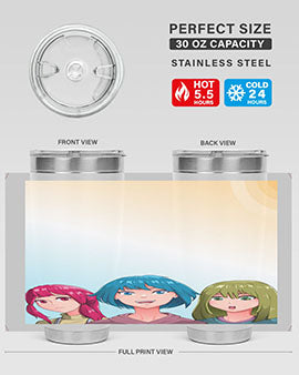 Happy Three Friend 20# Anime Tumbler featuring vibrant anime characters, double wall vacuum stainless steel design, and a convenient drink-thru lid.