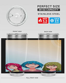Happy Three Friend 20# Anime Tumbler featuring vibrant anime characters, double wall vacuum stainless steel design, and a convenient drink-thru lid.