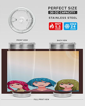Happy Three Friend 20# Anime Tumbler featuring vibrant anime characters, double wall vacuum stainless steel design, and a convenient drink-thru lid.