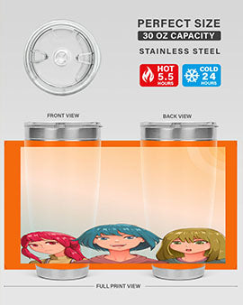 Happy Three Friend 20# Anime Tumbler featuring vibrant anime characters, double wall vacuum stainless steel design, and a convenient drink-thru lid.
