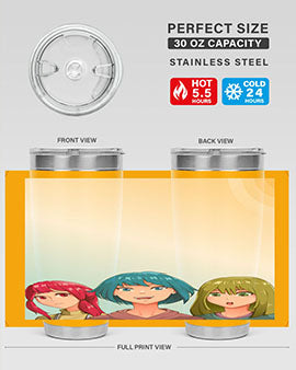Happy Three Friend 20# Anime Tumbler featuring vibrant anime characters, double wall vacuum stainless steel design, and a convenient drink-thru lid.