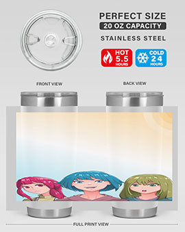 Happy Three Friend 20# Anime Tumbler featuring vibrant anime characters, double wall vacuum stainless steel design, and a convenient drink-thru lid.