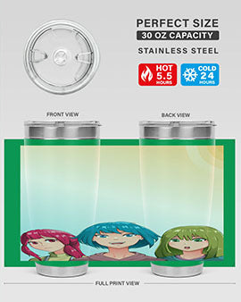 Happy Three Friend 20# Anime Tumbler featuring vibrant anime characters, double wall vacuum stainless steel design, and a convenient drink-thru lid.