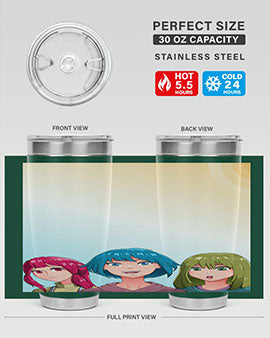 Happy Three Friend 20# Anime Tumbler featuring vibrant anime characters, double wall vacuum stainless steel design, and a convenient drink-thru lid.
