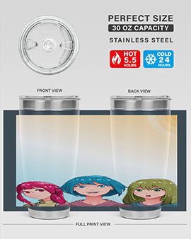 Happy Three Friend 20# Anime Tumbler featuring vibrant anime characters, double wall vacuum stainless steel design, and a convenient drink-thru lid.