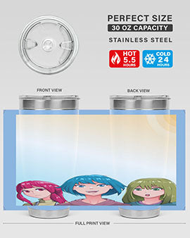 Happy Three Friend 20# Anime Tumbler featuring vibrant anime characters, double wall vacuum stainless steel design, and a convenient drink-thru lid.
