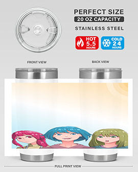 Happy Three Friend 20# Anime Tumbler featuring vibrant anime characters, double wall vacuum stainless steel design, and a convenient drink-thru lid.