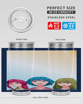 Happy Three Friend 20# Anime Tumbler featuring vibrant anime characters, double wall vacuum stainless steel design, and a convenient drink-thru lid.