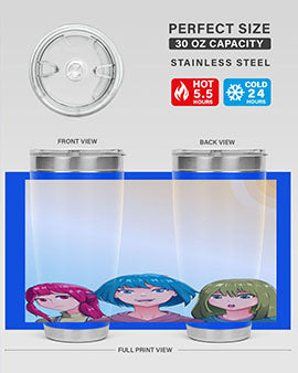 Happy Three Friend 20# Anime Tumbler featuring vibrant anime characters, double wall vacuum stainless steel design, and a convenient drink-thru lid.