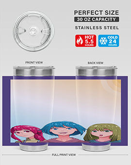 Happy Three Friend 20# Anime Tumbler featuring vibrant anime characters, double wall vacuum stainless steel design, and a convenient drink-thru lid.