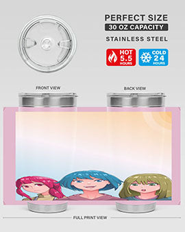 Happy Three Friend 20# Anime Tumbler featuring vibrant anime characters, double wall vacuum stainless steel design, and a convenient drink-thru lid.