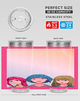 Happy Three Friend 20# Anime Tumbler featuring vibrant anime characters, double wall vacuum stainless steel design, and a convenient drink-thru lid.