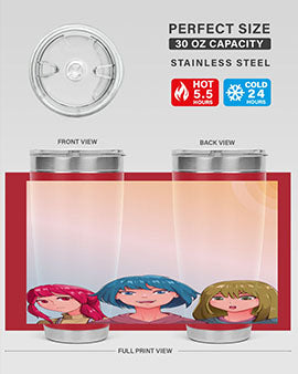Happy Three Friend 20# Anime Tumbler featuring vibrant anime characters, double wall vacuum stainless steel design, and a convenient drink-thru lid.