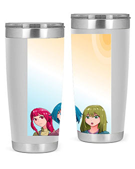 Happy Three Friend 20# Anime Tumbler featuring vibrant anime characters, double wall vacuum stainless steel design, and a convenient drink-thru lid.