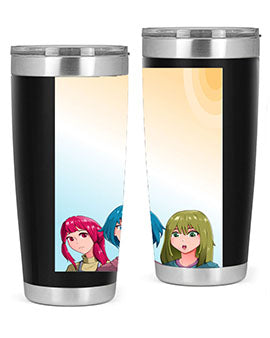 Happy Three Friend 20# Anime Tumbler featuring vibrant anime characters, double wall vacuum stainless steel design, and a convenient drink-thru lid.