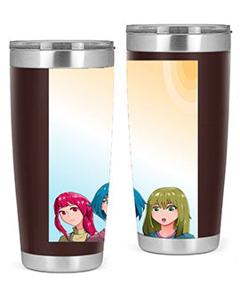 Happy Three Friend 20# Anime Tumbler featuring vibrant anime characters, double wall vacuum stainless steel design, and a convenient drink-thru lid.
