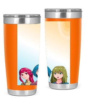 Happy Three Friend 20# Anime Tumbler featuring vibrant anime characters, double wall vacuum stainless steel design, and a convenient drink-thru lid.