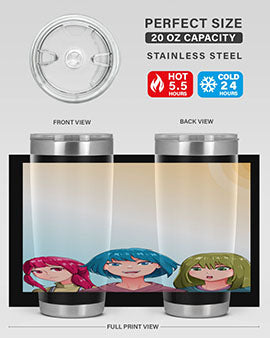 Happy Three Friend 20# Anime Tumbler featuring vibrant anime characters, double wall vacuum stainless steel design, and a convenient drink-thru lid.