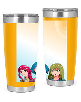 Happy Three Friend 20# Anime Tumbler featuring vibrant anime characters, double wall vacuum stainless steel design, and a convenient drink-thru lid.