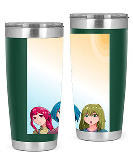 Happy Three Friend 20# Anime Tumbler featuring vibrant anime characters, double wall vacuum stainless steel design, and a convenient drink-thru lid.
