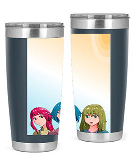 Happy Three Friend 20# Anime Tumbler featuring vibrant anime characters, double wall vacuum stainless steel design, and a convenient drink-thru lid.