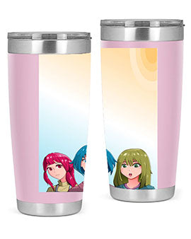 Happy Three Friend 20# Anime Tumbler featuring vibrant anime characters, double wall vacuum stainless steel design, and a convenient drink-thru lid.