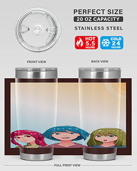 Happy Three Friend 20# Anime Tumbler featuring vibrant anime characters, double wall vacuum stainless steel design, and a convenient drink-thru lid.