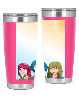 Happy Three Friend 20# Anime Tumbler featuring vibrant anime characters, double wall vacuum stainless steel design, and a convenient drink-thru lid.