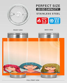 Happy Three Friend 20# Anime Tumbler featuring vibrant anime characters, double wall vacuum stainless steel design, and a convenient drink-thru lid.