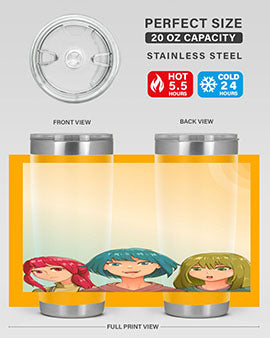Happy Three Friend 20# Anime Tumbler featuring vibrant anime characters, double wall vacuum stainless steel design, and a convenient drink-thru lid.
