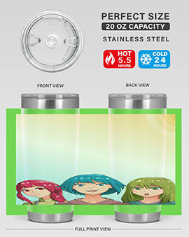 Happy Three Friend 20# Anime Tumbler featuring vibrant anime characters, double wall vacuum stainless steel design, and a convenient drink-thru lid.