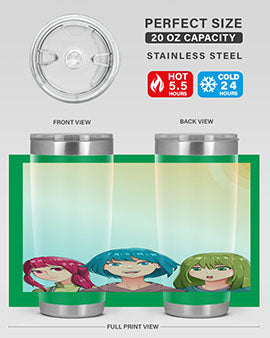 Happy Three Friend 20# Anime Tumbler featuring vibrant anime characters, double wall vacuum stainless steel design, and a convenient drink-thru lid.