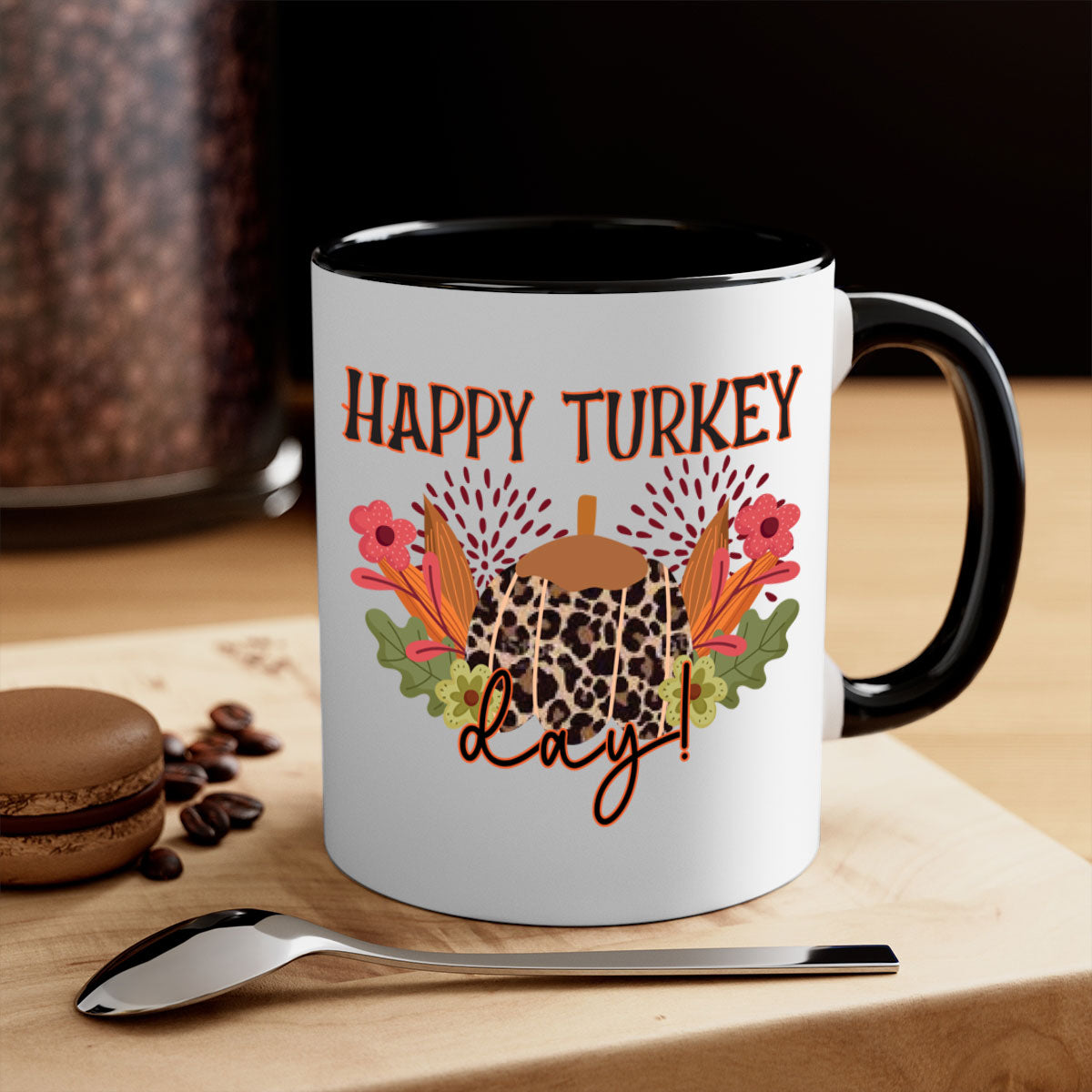 Happy Turkey Day 253# Mug with colorful handle and glossy finish, perfect for coffee and tea.