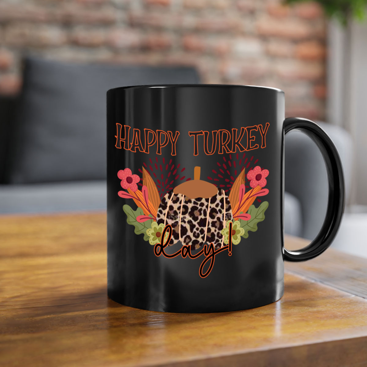 Happy Turkey Day 253# Mug with colorful handle and glossy finish, perfect for coffee and tea.