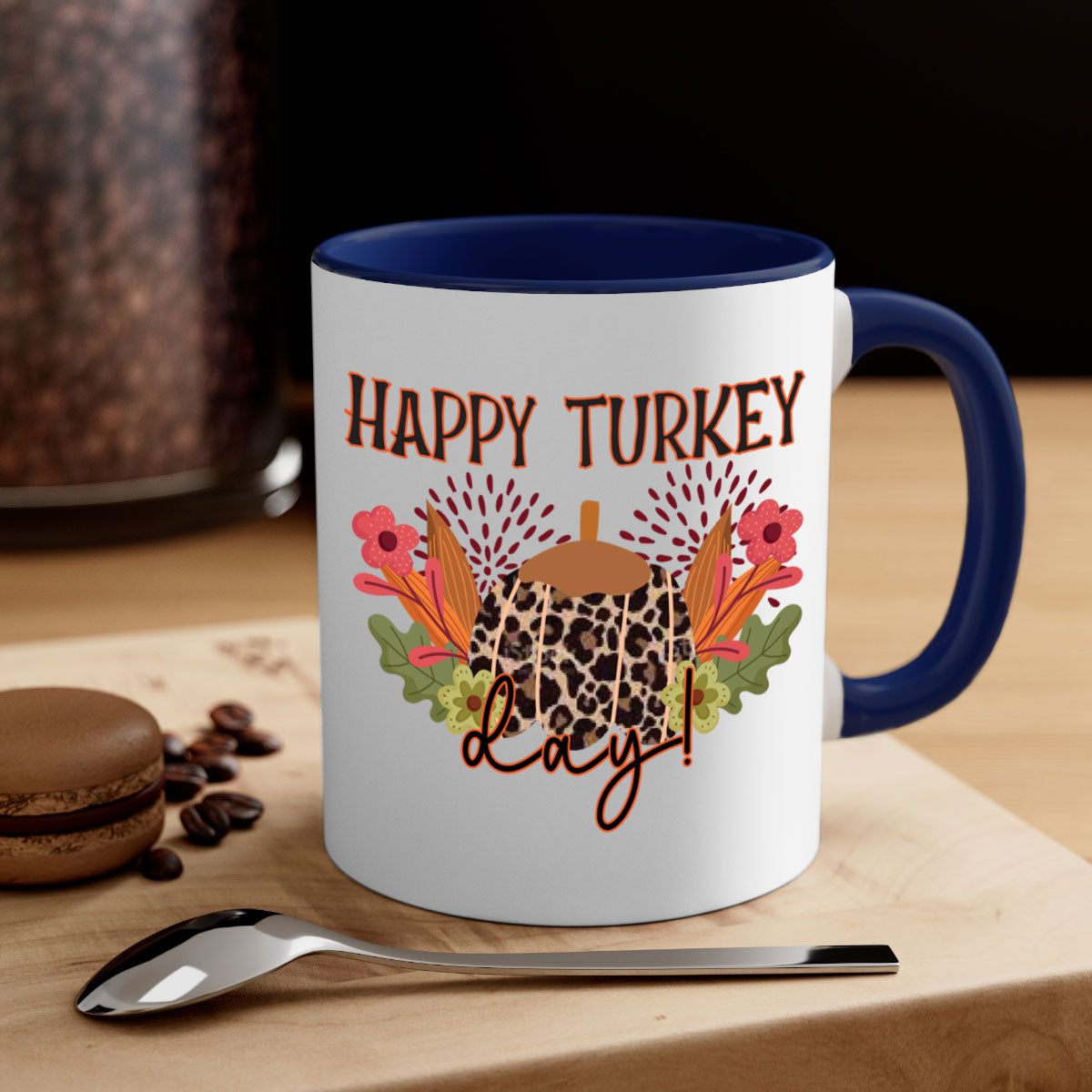 Happy Turkey Day 253# Mug with colorful handle and glossy finish, perfect for coffee and tea.