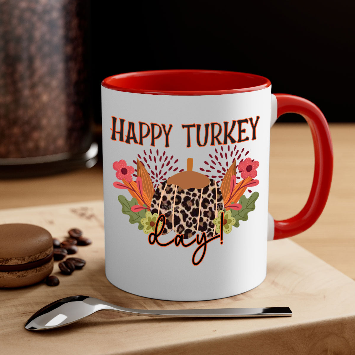 Happy Turkey Day 253# Mug with colorful handle and glossy finish, perfect for coffee and tea.