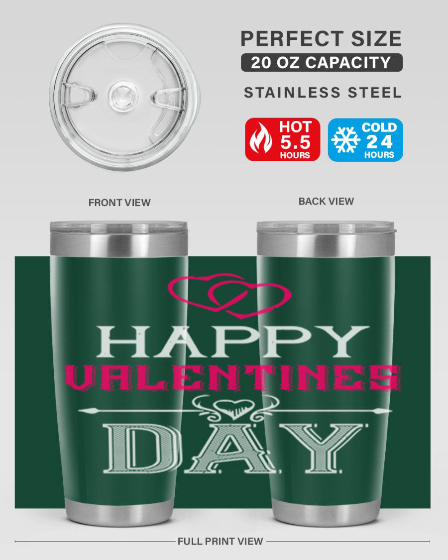 Happy Valentine Day Tumbler in 20oz and 30oz sizes, showcasing double wall vacuum stainless steel design with vibrant print.