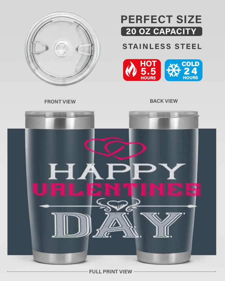 Happy Valentine Day Tumbler in 20oz and 30oz sizes, showcasing double wall vacuum stainless steel design with vibrant print.