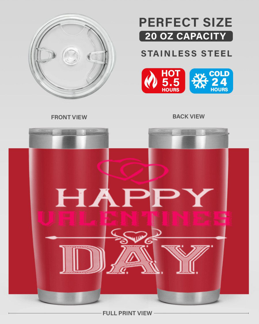 Happy Valentine Day Tumbler in 20oz and 30oz sizes, showcasing double wall vacuum stainless steel design with vibrant print.
