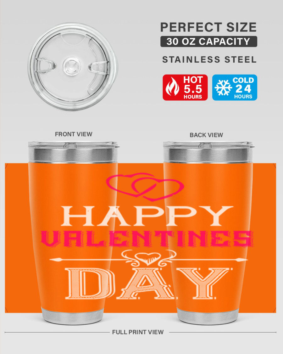 Happy Valentine Day Tumbler in 20oz and 30oz sizes, showcasing double wall vacuum stainless steel design with vibrant print.