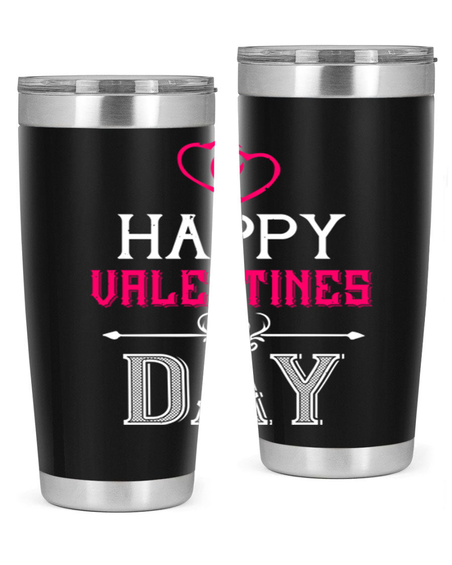 Happy Valentine Day Tumbler in 20oz and 30oz sizes, showcasing double wall vacuum stainless steel design with vibrant print.