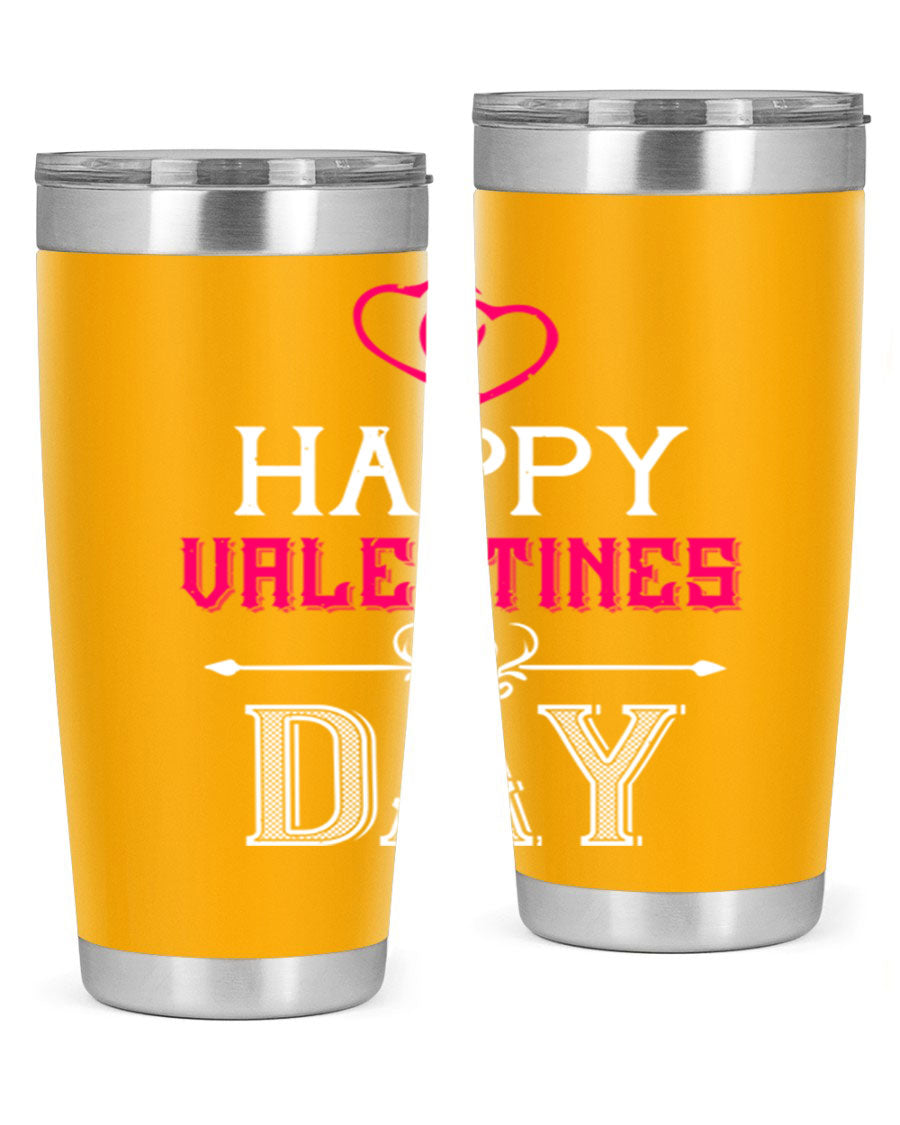 Happy Valentine Day Tumbler in 20oz and 30oz sizes, showcasing double wall vacuum stainless steel design with vibrant print.